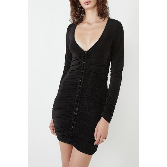 Bardot Dress Demi Black V Neck Ruched Long Sleeve Mini Bodycon - Picture 1 of 12